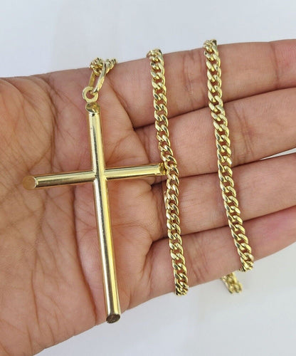 10k Miami Cuban Chain Jesus Cross Charm Set 4mm 18" - 28" Necklace Yellow Gold - GoldenlinQ