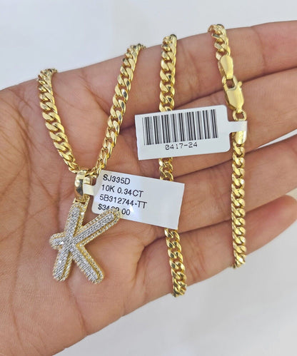 10k Miami Cuban Chain K Diamond Charm Set 4mm 18 - 26"Yellow Gold Necklace Pendant - GoldenlinQ
