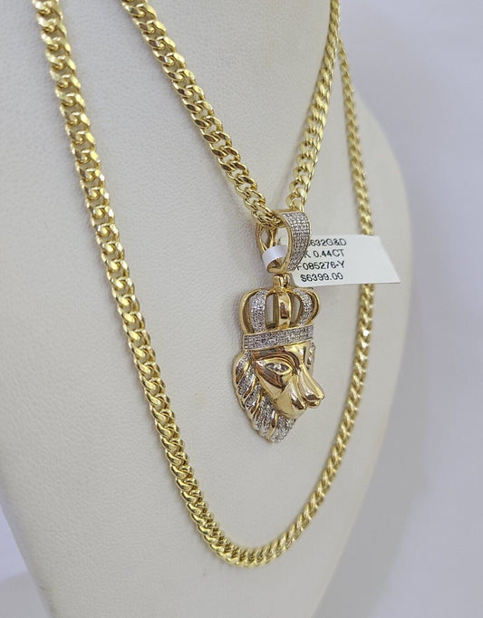 10k Miami Cuban Chain Lion Charm Diamond Set 4.5mm 20" - 28" Necklace Gold - GoldenlinQ