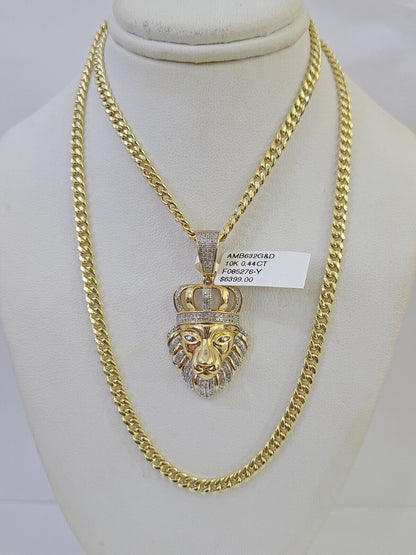 10k Miami Cuban Chain Lion Charm Diamond Set 4.5mm 20" - 28" Necklace Gold - GoldenlinQ