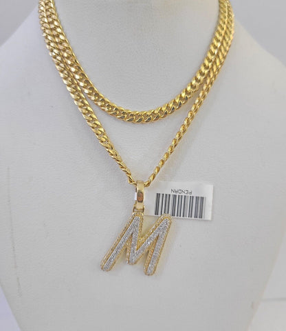 10k Miami Cuban Chain M Diamond Charm Set 4mm 18 - 26"Yellow Gold Necklace Pendant - GoldenlinQ