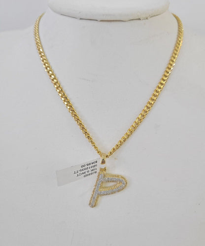 10k Miami Cuban Chain P Diamond Charm Set 4mm 18 - 26"Yellow Gold Necklace Pendant - GoldenlinQ