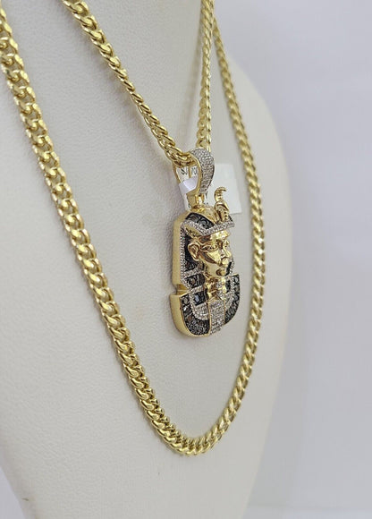 10k Miami Cuban Chain Pharaoh Charm Set 4.5mm 20" - 28" Necklace Pendant Gold - GoldenlinQ