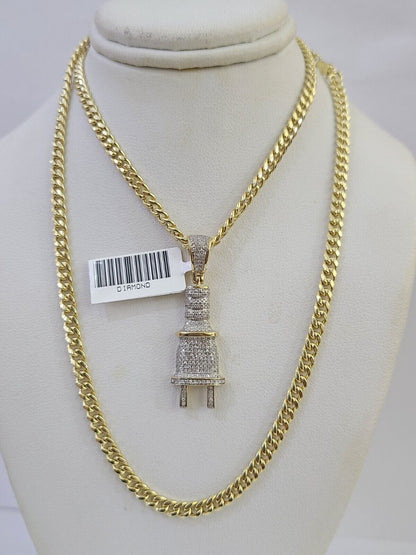 10k Miami Cuban Chain Plug Socket Charm Diamond Set 4.5mm 20" - 28" Necklace Gold - GoldenlinQ