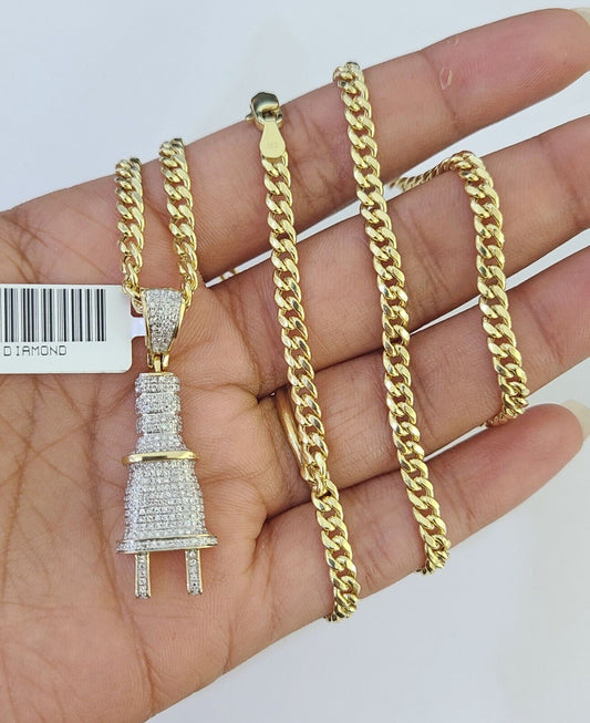 10k Miami Cuban Chain Plug Socket Charm Diamond Set 4.5mm 20" - 28" Necklace Gold - GoldenlinQ
