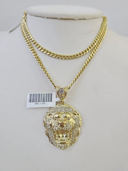 10k Miami Cuban Chain Roaring Lion Charm Set 4mm 18" - 28" Necklace Pendant Gold - GoldenlinQ