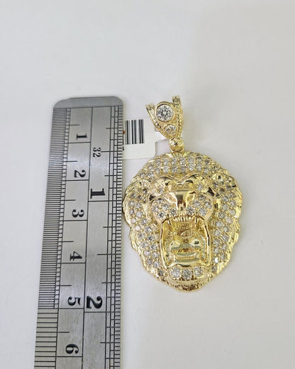 10k Miami Cuban Chain Roaring Lion Charm Set 4mm 18" - 28" Necklace Pendant Gold - GoldenlinQ