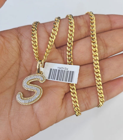 10k Miami Cuban Chain S Diamond Charm Set 4mm 18 - 26"Yellow Gold Necklace Pendant - GoldenlinQ