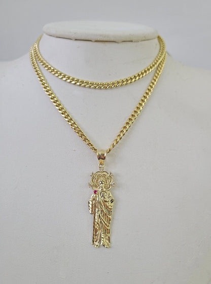10k Miami Cuban Chain Saint Jude Charm Set 4mm 18" - 28" Necklace Yellow Gold - GoldenlinQ