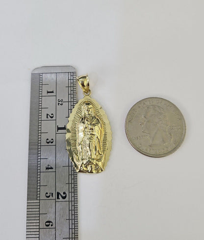 10k Miami Cuban Chain Virgin Mary Charm Set 4mm 18" - 28" Necklace Yellow Gold - GoldenlinQ
