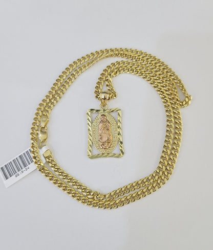 10k Miami Cuban Chain Virgin Mary Charm Set 4mm 18" - 28" Necklace Yellow Gold - GoldenlinQ