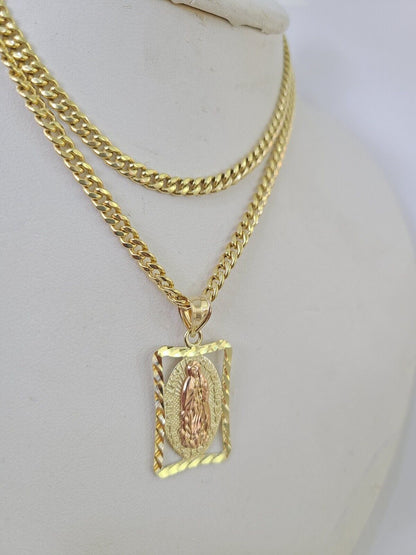 10k Miami Cuban Chain Virgin Mary Charm Set 4mm 18" - 28" Necklace Yellow Gold - GoldenlinQ