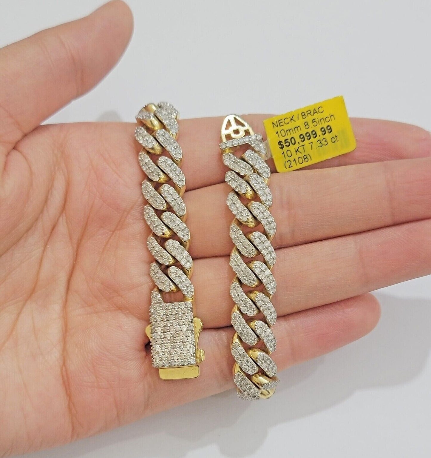 10k Miami cuban Gold & Diamond Bracelet 10mm 7 CT Natural Diamonds Solid - Reva Jeweler