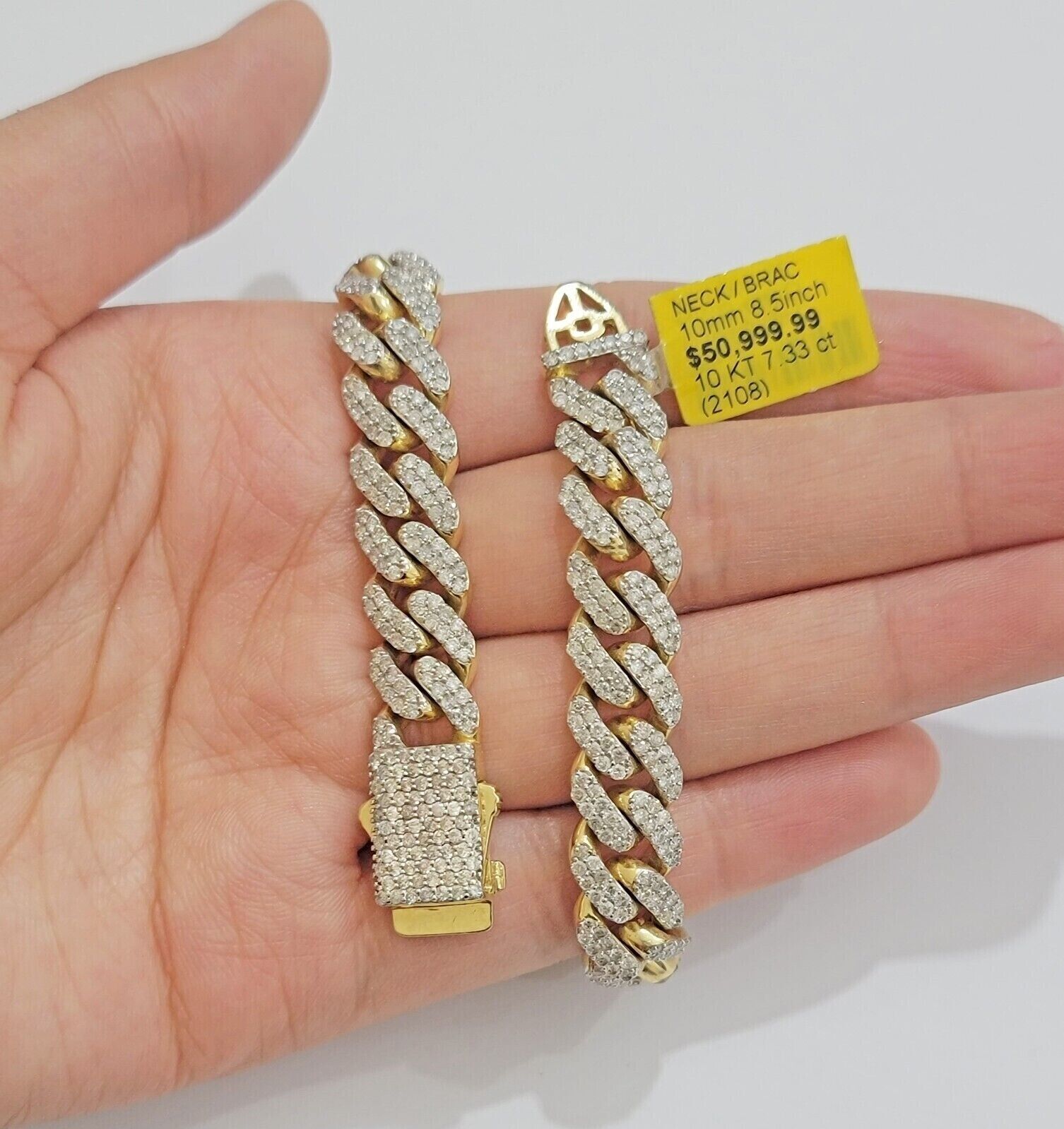 10k Miami cuban Gold & Diamond Bracelet 10mm 7 CT Natural Diamonds Solid - Reva Jeweler