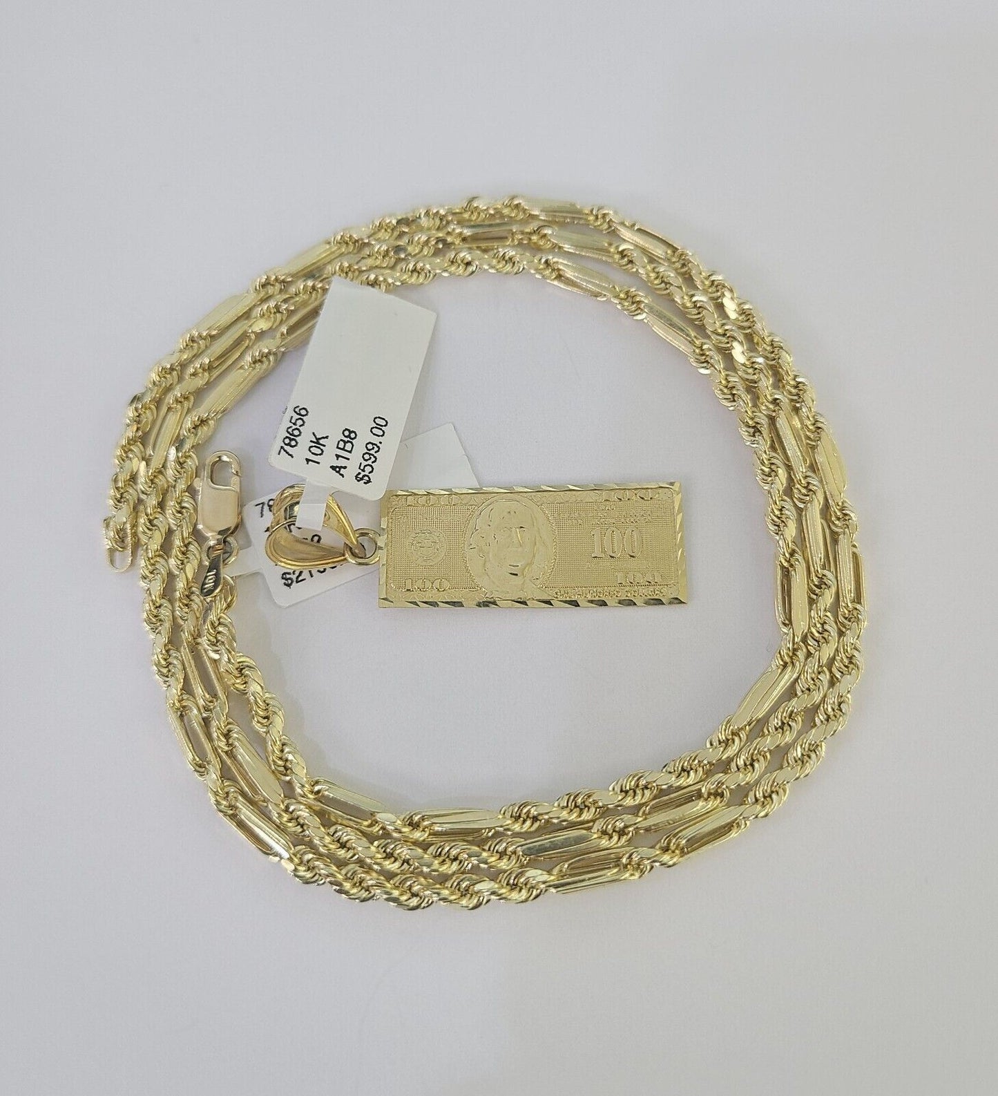 10k Milano Rope Chain 100 Dollar Charm Necklace SET 3mm 18" 20" 22" 24" - GoldenlinQ