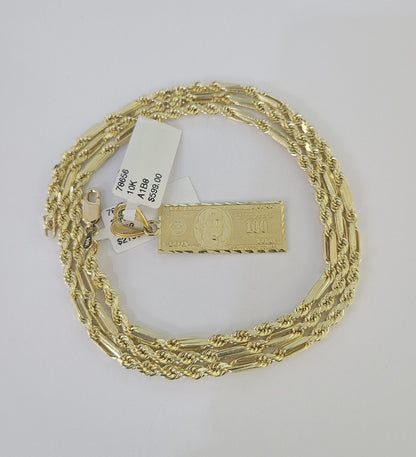 10k Milano Rope Chain 100 Dollar Charm Necklace SET 3mm 18" 20" 22" 24" - GoldenlinQ