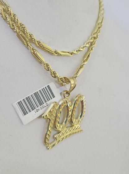 10k Milano Rope Chain 100 Sign Charm Necklace SET 3mm 18" 20" 22" 24" - GoldenlinQ