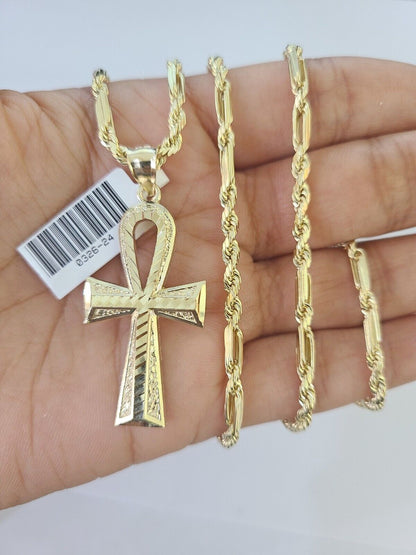 10k Milano Rope Chain Ankh Jesus Cross Charm Necklace SET 3mm 18" 20" 22" 24" - GoldenlinQ