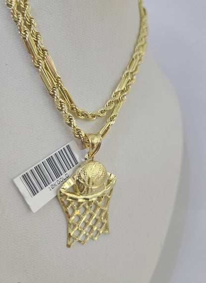 10k Milano Rope Chain Basketball Goal Charm Necklace SET 3mm 18" 20" 22" 24" - GoldenlinQ