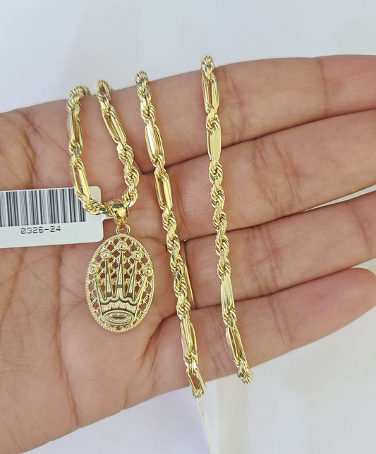 10k Milano Rope Chain Crown Charm Necklace SET 3mm 18" 20" 22" 24" Pendant - GoldenlinQ