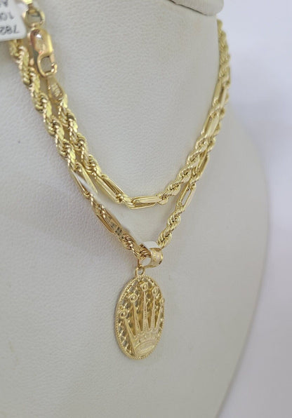 10k Milano Rope Chain Crown Charm Necklace SET 3mm 18" 20" 22" 24" Pendant - GoldenlinQ