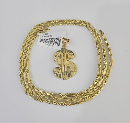 10k Milano Rope Chain Dollar Charm Necklace SET 3mm 18" 20" 22" 24" - GoldenlinQ