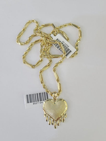 10k Milano Rope Chain Heart Charm Necklace SET 3mm 18" 20" 22" 24" Pendant - GoldenlinQ