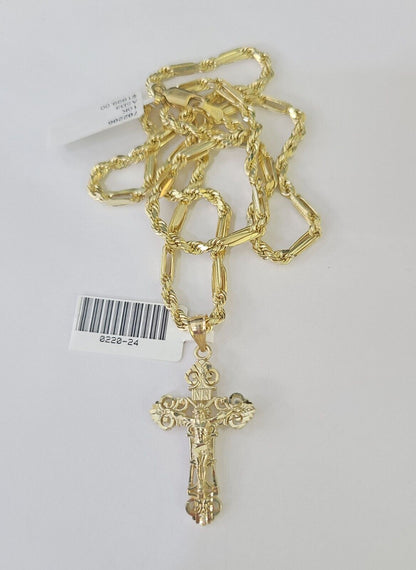 10k Milano Rope Chain INRI Cross Charm Necklace SET 3mm 18" 20" 22" 24" Pendant - GoldenlinQ