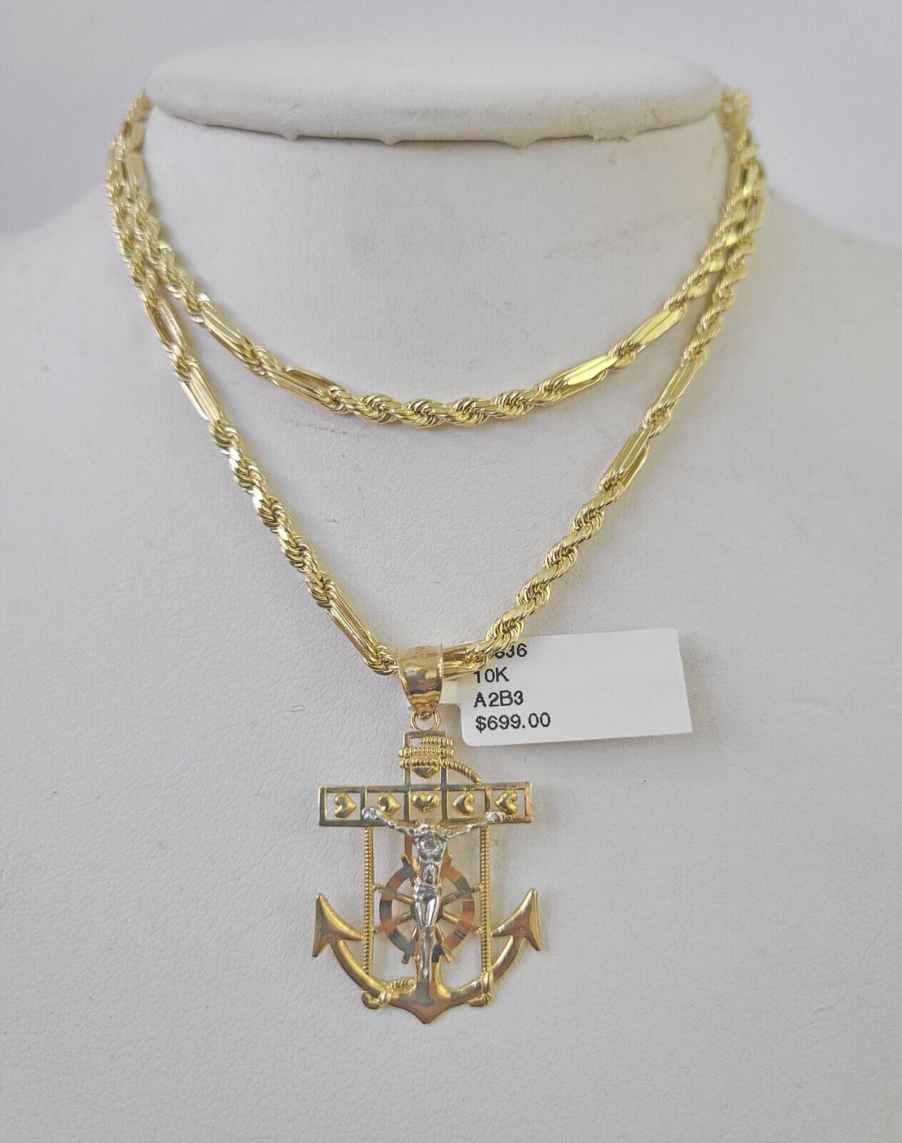 10k Milano Rope Chain Jesus Anchor Charm Necklace SET 3mm 18" 20" 22" 24" - GoldenlinQ