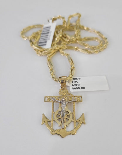 10k Milano Rope Chain Jesus Anchor Charm Necklace SET 3mm 18" 20" 22" 24" - GoldenlinQ