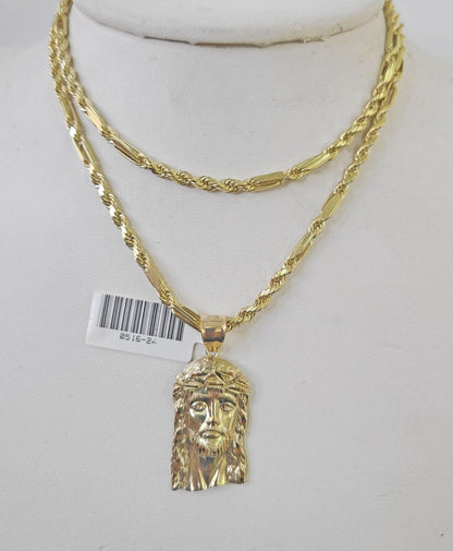 10k Milano Rope Chain Jesus Head Charm Necklace SET 3mm 18" 20" 22" 24" - GoldenlinQ