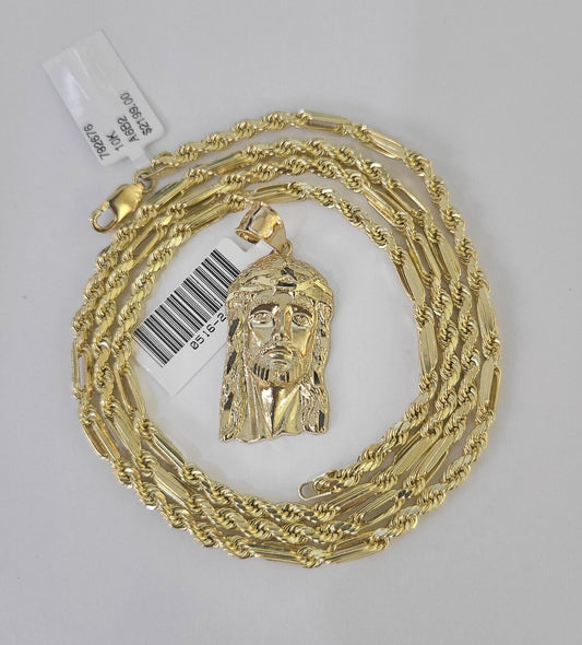 10k Milano Rope Chain Jesus Head Charm Necklace SET 3mm 18" 20" 22" 24" - GoldenlinQ