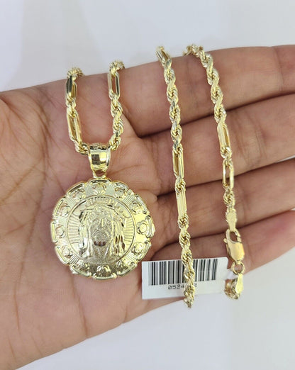 10k Milano Rope Chain Jesus Head Charm Necklace SET 3mm 18" - 26" Pendant - GoldenlinQ