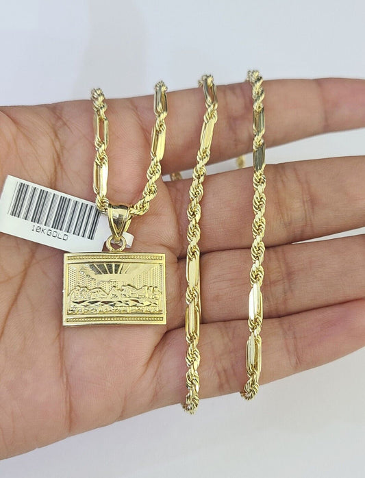 10k Milano Rope Chain Last Supper Charm Necklace SET 3mm 18" 20" 22" 24" - GoldenlinQ