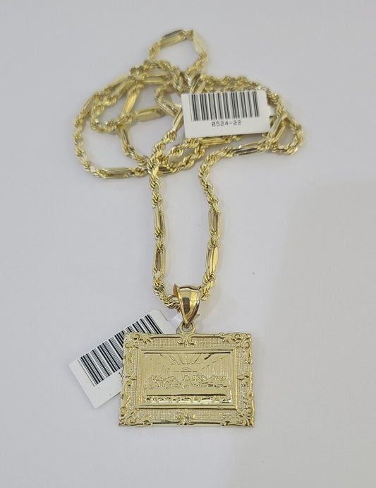 10k Milano Rope Chain Last Supper Charm Necklace SET 3mm 18" 20" 22" 24" - GoldenlinQ