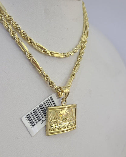 10k Milano Rope Chain Last Supper Charm Necklace SET 3mm 18" 20" 22" 24" - GoldenlinQ