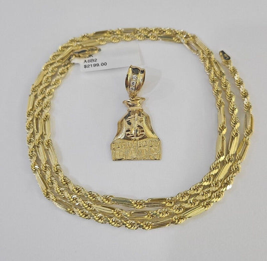 10k Milano Rope Chain Money Bag Charm Necklace SET 3mm 18" 20" 22" 24" - GoldenlinQ