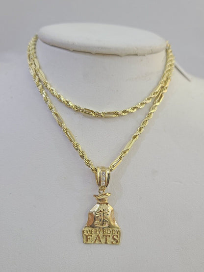 10k Milano Rope Chain Money Bag Charm Necklace SET 3mm 18" 20" 22" 24" - GoldenlinQ