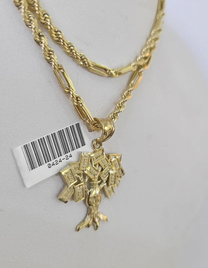 10k Milano Rope Chain Money Tree Charm Necklace SET 3mm 18" 20" 22" 24" - GoldenlinQ