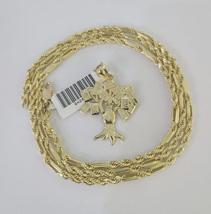 10k Milano Rope Chain Money Tree Charm Necklace SET 3mm 18" 20" 22" 24" - GoldenlinQ