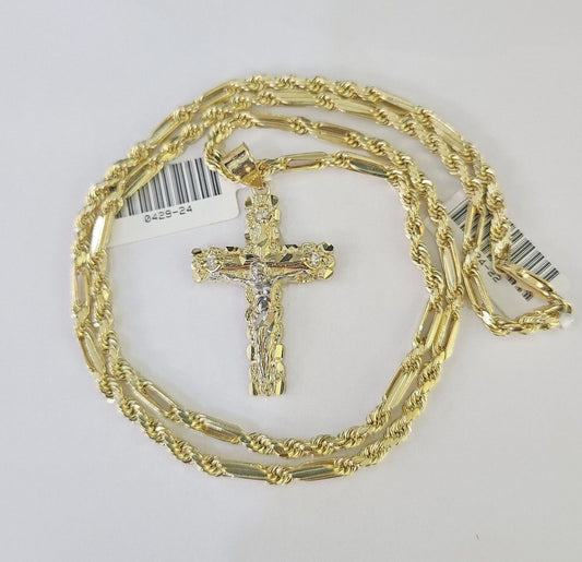 10k Milano Rope Chain Nugget Cross Charm Necklace SET 3mm 18" 20" 22" 24 Pendent - GoldenlinQ