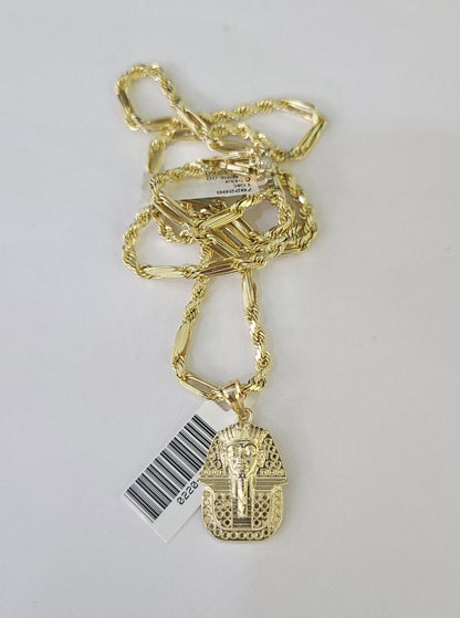 10k Milano Rope Chain Pharaoh Head Charm Necklace SET 3mm 18" 20" 22" 24 Pendant - GoldenlinQ