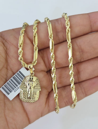 10k Milano Rope Chain Pharaoh Head Charm Necklace SET 3mm 18" 20" 22" 24 Pendant - GoldenlinQ