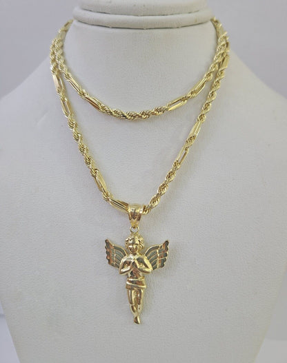 10k Milano Rope Chain Praying Angel Charm Necklace SET 3mm 18" - 26" Pendant - GoldenlinQ