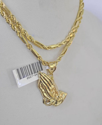 10k Milano Rope Chain Praying Hands Charm Necklace SET 3mm 18" 20" 22" 24" - GoldenlinQ
