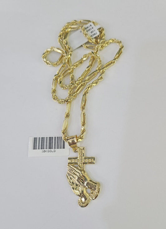 10k Milano Rope Chain Praying Hands Cross Charm Necklace SET 3mm 18" 20" 22" 24" - GoldenlinQ