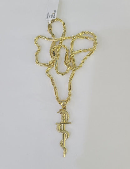 10k Milano Rope Chain Snake Sword Charm Necklace SET 3mm 18" - 26" Pendant - GoldenlinQ