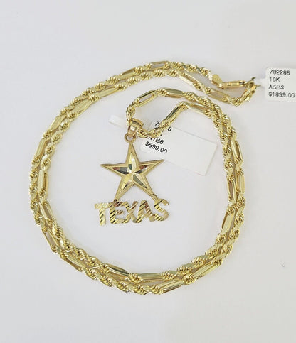 10k Milano Rope Chain Texas Charm Necklace SET 3mm 18" 20" 22" 24" Pendant - GoldenlinQ