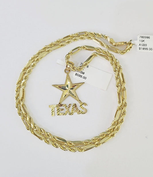 10k Milano Rope Chain Texas Charm Necklace SET 3mm 18" 20" 22" 24" Pendant - GoldenlinQ