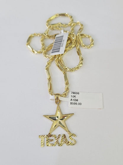 10k Milano Rope Chain Texas Charm Necklace SET 3mm 18" 20" 22" 24" Pendant - GoldenlinQ